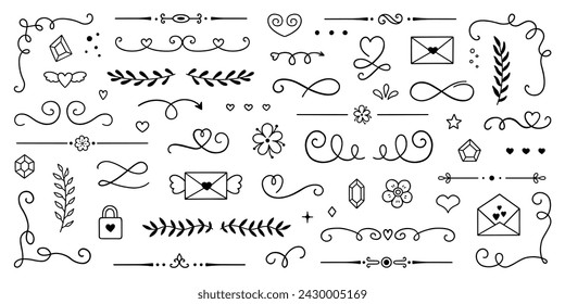 Conjunto de garabatos de elementos decorativos. Separadores, remolinos, separadores de texto. Adorno de divisor, bordes de esquina, líneas. Dibujado a mano ilustración vectorial aislado sobre fondo blanco