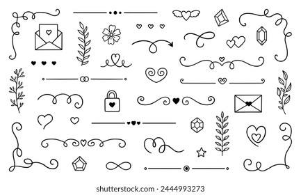 Decorative elements doodle set. Dividers, swirls, text separators. Divider ornament, corner borders, lines. Hand drawn vector illustration isolated on white background