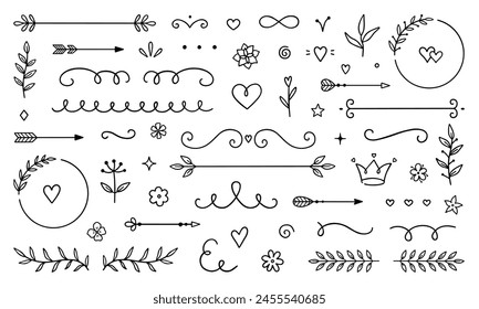 Decorative elements doodle set. Dividers, swirls, text separators. Divider ornament, corner borders, lines. Hand drawn vector illustration isolated on white background