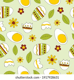 Decorative elements of Easter. Holiday seamless pattern on lime green background. Vector illustration.