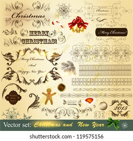 Decorative elements for elegant Christmas design. Calligraphic vector