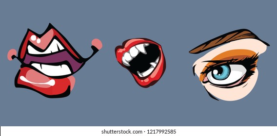 Decorative elements of the face lips and eyes with humor