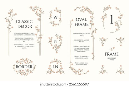 Decorative elements of flowering twigs. Set of frames, monograms and borders. 