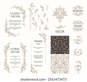 Decorative elements of flowering twigs. Set of frames, monograms, seamless pattern and borders.