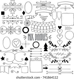 Decorative elements, Frames, Bunting Banner, Hearts, Laurel, Dividers, Black Outline, freehand, Doodles, Arrows, flower, flag, shapes, oval, square, rectangular, spades, diamond, icon, labels, leafs