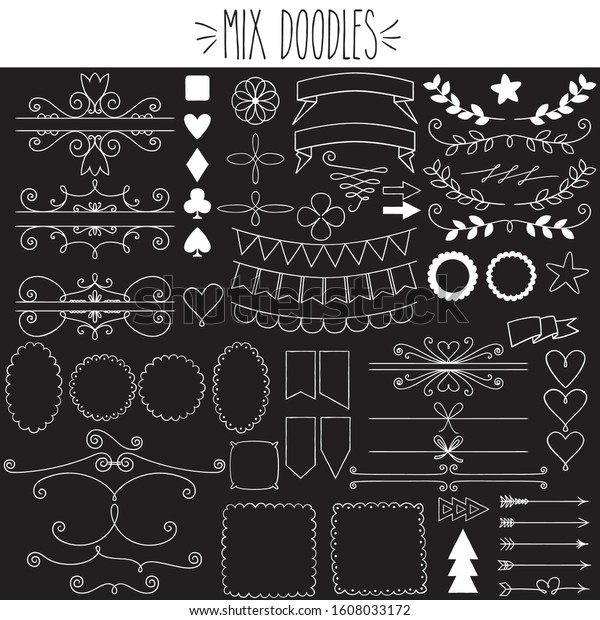 Decorative elements, Frames, Bunting Banner,
Hearts, Laurel, Dividers, White Outline, freehand, Doodles, Arrows,
flower, flag, shapes, oval, square, rectangular, spades, diamond,
icon, labels, leafs