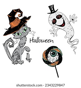 Decorative elements for Halloween. A cat in a witch's hat with a ghost, a lollipop with a horror eye. Vector