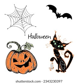 Decorative elements for Halloween. Pumpkin and cat, spider web and bat Vector