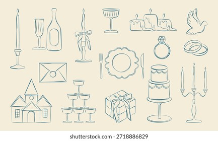 Dekorative Elemente im handgezeichneten Linienstil für Wedding. Heiratsymbole, Vektorgrafik. Hochzeits-Elemente: Kuchen, Champagnerturm, Kerzen, Ringe.