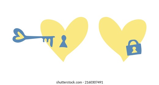 Decorative elements - hearts with keyhole, with key and lock. Vector illustrations, isolated on white background. Ukrainian heart, love, support, patriotism and romance, for Valentine's Day.