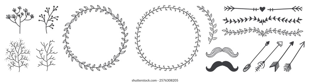 Decorative elements include floral wreaths, arrows, and mustaches. Floral wreaths and arrows add charm. Mustaches and floral wreaths enhance designs. Aesthetic illustrations, isolated vector set.