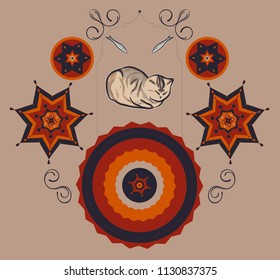 Decorative elements, including Mandalas and a sleeping cat.
