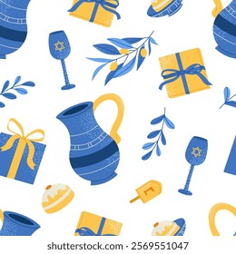 Decorative elements of Jewish holiday Hanukkah seamless pattern. Colorful jug, olive branch, donut and gift vector flat illustration on white background.