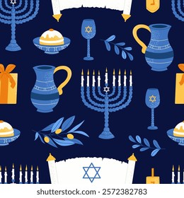 Decorative elements of Jewish holiday Hanukkah seamless pattern. Colorful jug, menorah, olive branch, donut and gift. Vector flat illustration on blue background.