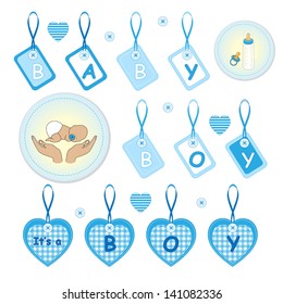 Decorative elements as labels and hearts for baby shower card or scrapbook decoration