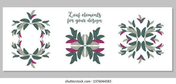 Decorative elements of leaves on a white background, for design, printing, embroidery, scrapbooking, forms for advertising cards or invitations. Vector illustration