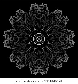 Decorative Elements With Mandala Ornament. Ornamental Floral, Oriental Pattern. Vector Illustration. Indian, Moroccan, Mystic, Ottoman Motifs. Anti-Stress Therapy Pattern. Black, silver color.