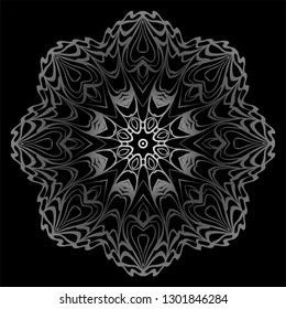 Decorative Elements With Mandala Ornament. Ornamental Floral, Oriental Pattern. Vector Illustration. Indian, Moroccan, Mystic, Ottoman Motifs. Anti-Stress Therapy Pattern. Black, silver color.