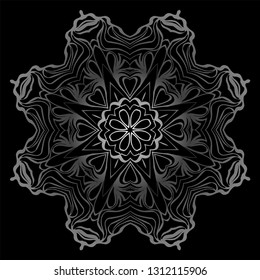 Decorative Elements With Mandala Ornament. Ornamental Floral, Oriental Pattern. Vector Illustration. Indian, Moroccan, Mystic, Ottoman Motifs. Anti-Stress Therapy Pattern. Black, silver color.