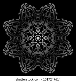 Decorative Elements With Mandala Ornament. Ornamental Floral, Oriental Pattern. Vector Illustration. Indian, Moroccan, Mystic, Ottoman Motifs. Anti-Stress Therapy Pattern. Black, silver color.