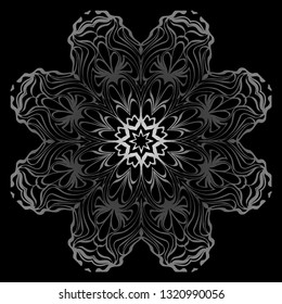 Decorative Elements With Mandala Ornament. Ornamental Floral, Oriental Pattern. Vector Illustration. Indian, Moroccan, Mystic, Ottoman Motifs. Anti-Stress Therapy Pattern. Black, silver color.