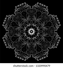 Decorative Elements With Mandala Ornament. Ornamental Floral, Oriental Pattern. Vector Illustration. Indian, Moroccan, Mystic, Ottoman Motifs. Anti-Stress Therapy Pattern. Black, silver color.