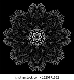 Decorative Elements With Mandala Ornament. Ornamental Floral, Oriental Pattern. Vector Illustration. Indian, Moroccan, Mystic, Ottoman Motifs. Anti-Stress Therapy Pattern. Black, silver color.