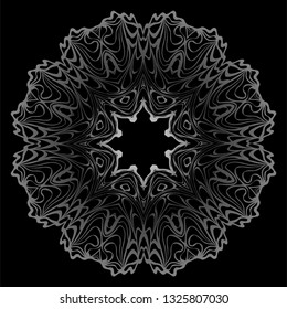 Decorative Elements With Mandala Ornament. Ornamental Floral, Oriental Pattern. Vector Illustration. Indian, Moroccan, Mystic, Ottoman Motifs. Anti-Stress Therapy Pattern. Black, silver color.