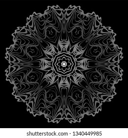 Decorative Elements With Mandala Ornament. Ornamental Floral, Oriental Pattern. Vector Illustration. Indian, Moroccan, Mystic, Ottoman Motifs. Anti-Stress Therapy Pattern. Black, silver color.