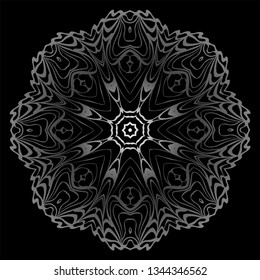 Decorative Elements With Mandala Ornament. Ornamental Floral, Oriental Pattern. Vector Illustration. Indian, Moroccan, Mystic, Ottoman Motifs. Anti-Stress Therapy Pattern. Black, silver color.