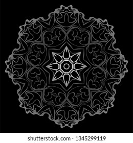 Decorative Elements With Mandala Ornament. Ornamental Floral, Oriental Pattern. Vector Illustration. Indian, Moroccan, Mystic, Ottoman Motifs. Anti-Stress Therapy Pattern. Black, silver color.