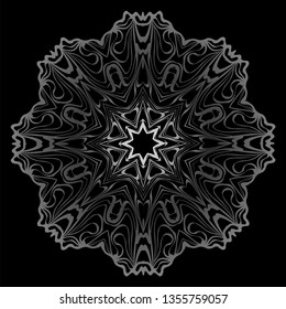 Decorative Elements With Mandala Ornament. Ornamental Floral, Oriental Pattern. Vector Illustration. Indian, Moroccan, Mystic, Ottoman Motifs. Anti-Stress Therapy Pattern. Black, silver color.