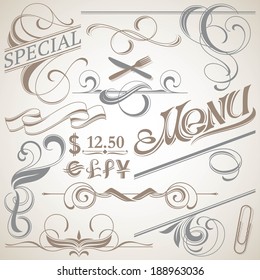 Decorative Elements for Menu with Vintage Flourishes, Dividers and Letters