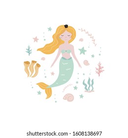 Decorative elements with a mermaid on a white background. Vector illustration for printing on fabric, postcard, packaging paper, gift products, Wallpaper, clothing. Cute baby background for girls.