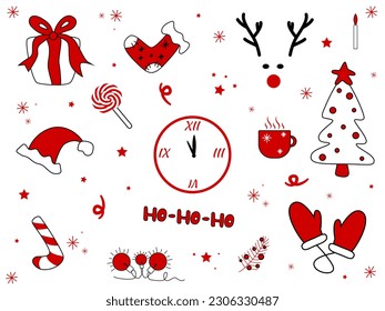 Decorative elements for Merry Christmas or New Year's Eve Party. Hand drawn stickers. Cute set for the Christmas festival. Doodle cartoon style. Illustrations for social media, and greeting cards.