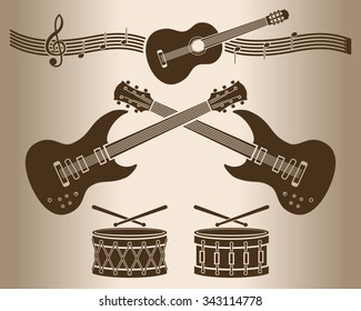 Decorative elements - musical instruments. Monochrome contours of guitars and drums. Vector illustration.
