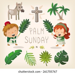 Decorative elements for Palm Sunday and palm leaves.