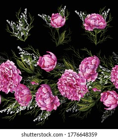 decorative elements:: pink flower, peony branch, infinite brush. hand-drawn doodles in a realistic style. modern decor details for decoration, Wallpaper isolated on a black background.