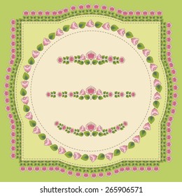 The decorative elements with pink flowers and green leaves drawn on a light green quilted background