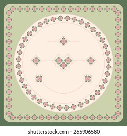 The decorative elements with pink flowers and green leaves drawn on a green quilted background