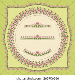 The decorative elements with pink flowers and green leaves drawn on a light green quilted background
