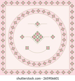 The decorative elements with pink flowers and green leaves drawn on a light pink quilted background