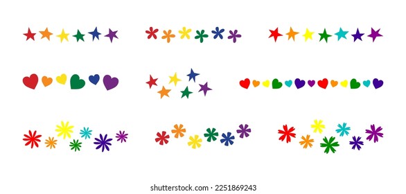 Decorative elements in rainbow colors for bright and unique design and decor. Set of multi colored hearts, stars and flowers. Colorful border lines for lgbt, Pride Month. Rainbow colored pattern lines