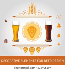 Decorative elements, realistic glasses and stamp for beer label design. Vector