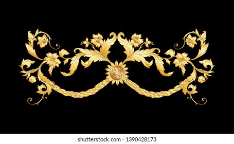 Decorative elements In baroque, rococo, victorian, renaissance style. Trendy frolar vintage pattern.  Vector illustration. Gold. Isolated on black background.
