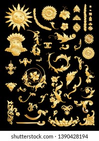 Decorative elements In baroque, rococo, victorian, renaissance style. Trendy frolar vintage pattern.  Vector illustration. Gold. Isolated on black background.
