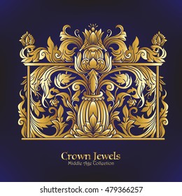 Decorative elements in rococo, victorian, renaissance, baroque, royal style. Vector illustration. Gold on black background.