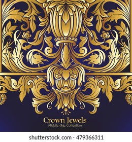 Decorative elements in rococo, victorian, renaissance, baroque, royal style. Vector illustration. Gold on black background.