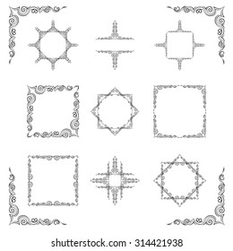 Decorative elements. Scrollwork, line art frames and corner elements. Vector set