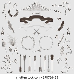 Decorative elements set: arrows, laurel, wreath, feathers, ribbons and labels.